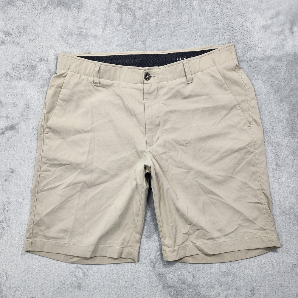 Under Armour Shorts Mens 36 Beige Khaki HeatGear Golf Twill Stretch 10" Inseam